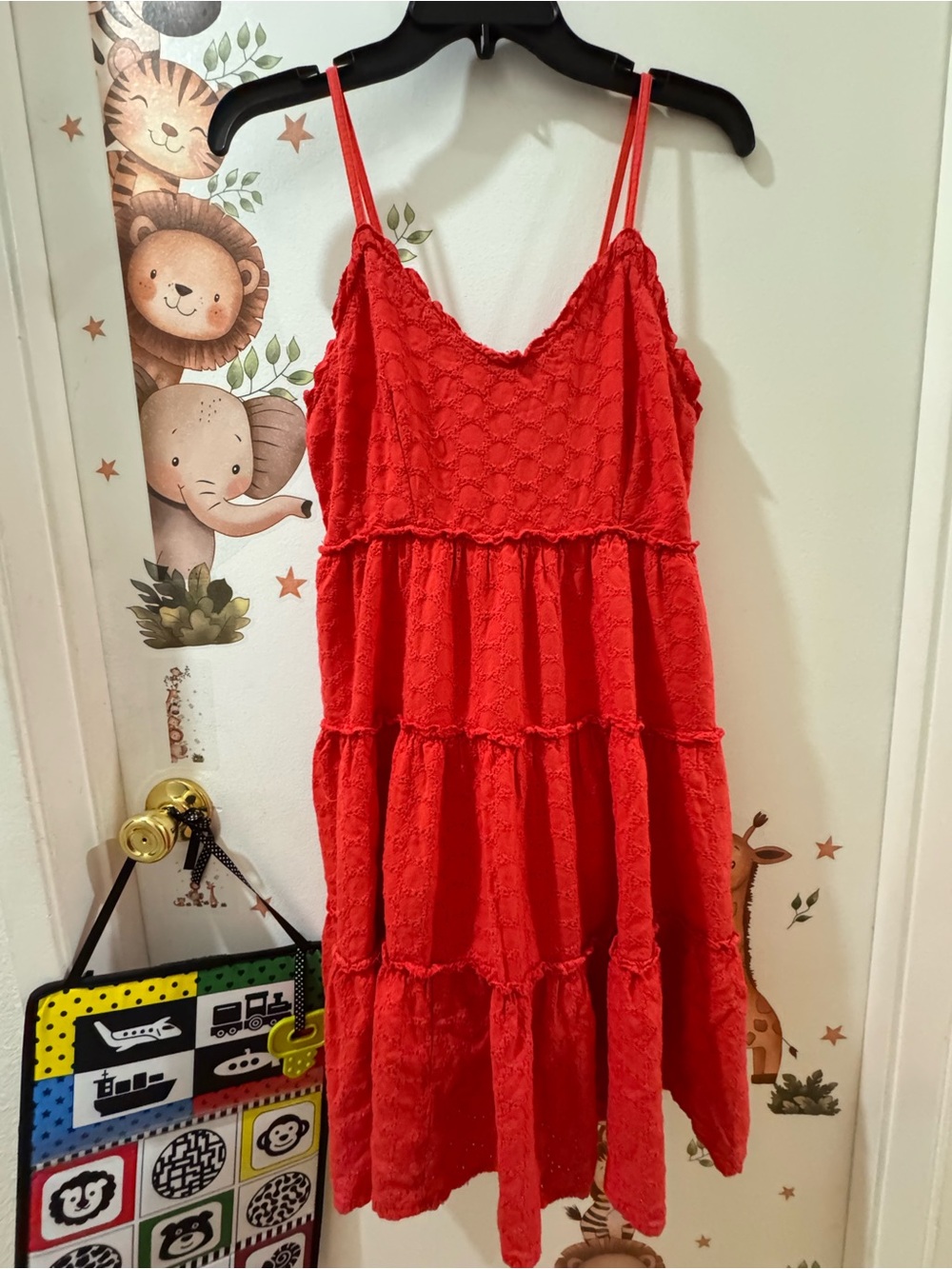 Red Lace Tiered Midi Sundress with Spaghetti Straps